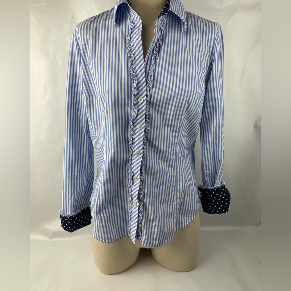 Lilly Pulitzer Stripped flip contrast cuff button up Ruffle Detail Sz 6